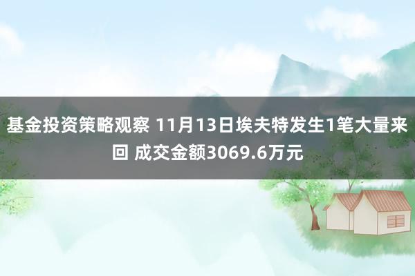 基金投资策略观察 11月13日埃夫特发生1笔大量来回 成交金额3069.6万元