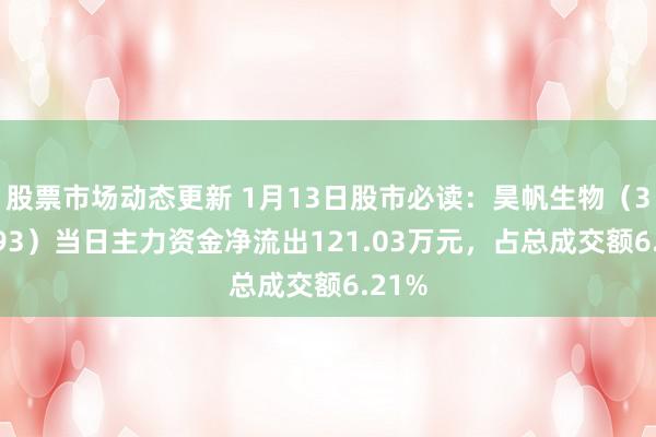 股票市场动态更新 1月13日股市必读：昊帆生物（301393）当日主力资金净流出121.03万元，占总成交额6.21%