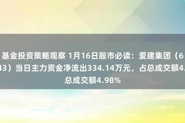 基金投资策略观察 1月16日股市必读：爱建集团（600643）当日主力资金净流出334.14万元，占总成交额4.98%