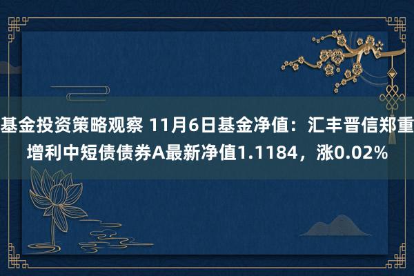 基金投资策略观察 11月6日基金净值：汇丰晋信郑重增利中短债债券A最新净值1.1184，涨0.02%