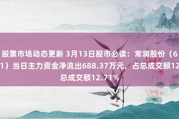 股票市场动态更新 3月13日股市必读：常润股份（603201）当日主力资金净流出688.37万元，占总成交额12.71%