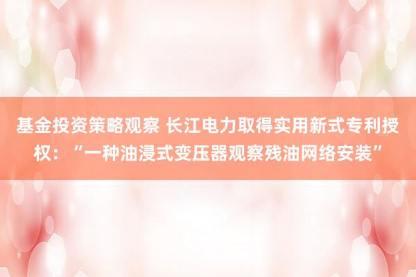 基金投资策略观察 长江电力取得实用新式专利授权：“一种油浸式变压器观察残油网络安装”